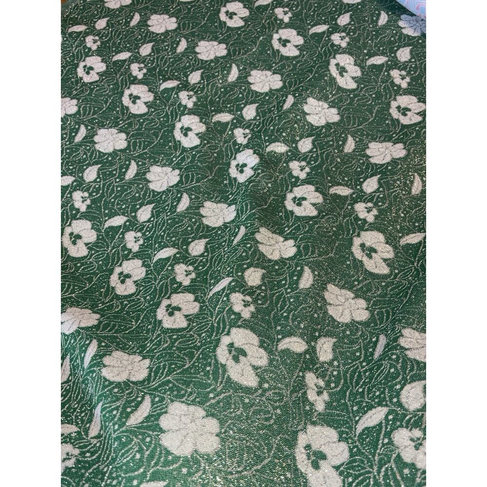 Vintage Mid Century Green Floral Metallic 4 Way Stretch Fabric 1.5 Yards